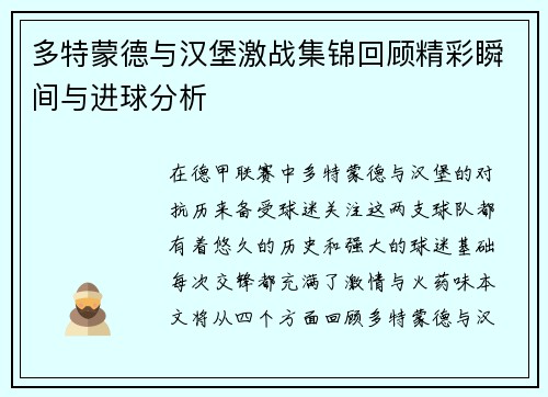多特蒙德与汉堡激战集锦回顾精彩瞬间与进球分析
