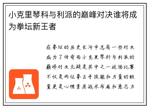 小克里琴科与利派的巅峰对决谁将成为拳坛新王者